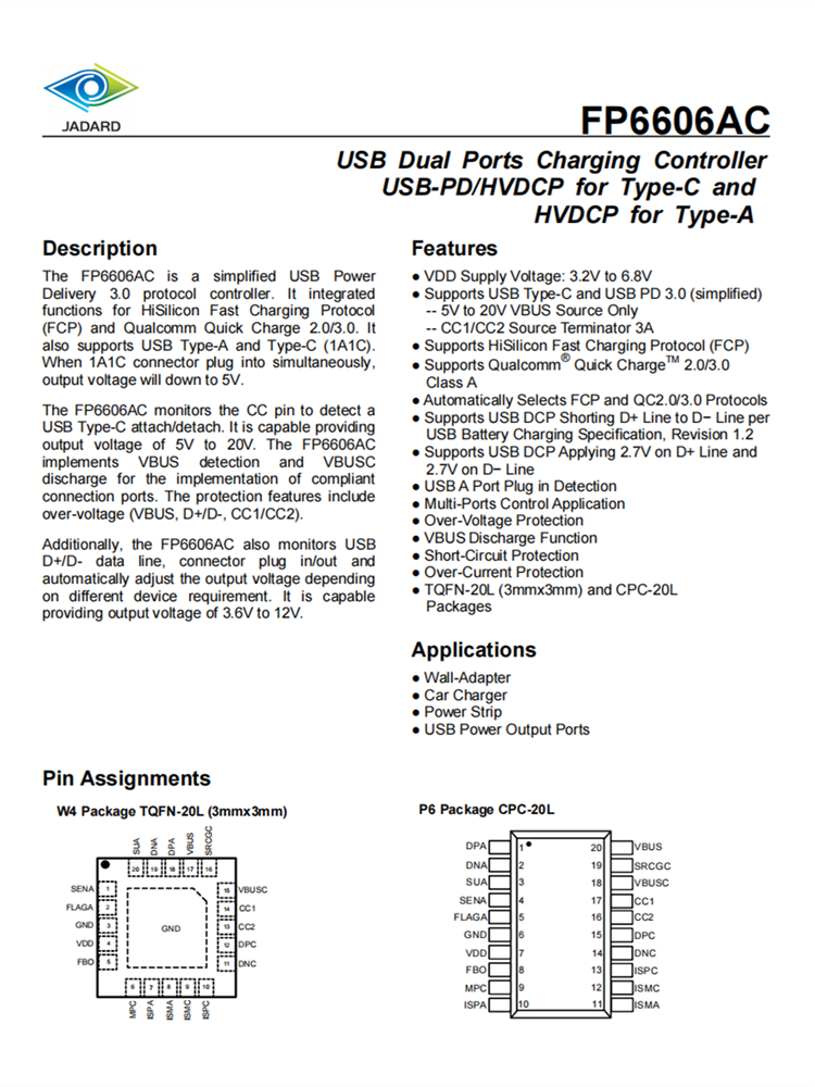 FP6606AC USB-PD 3.0協(xié)議控製器 支持USB Type-A、USB Type-C 快速充電協(xié)議IC芯片