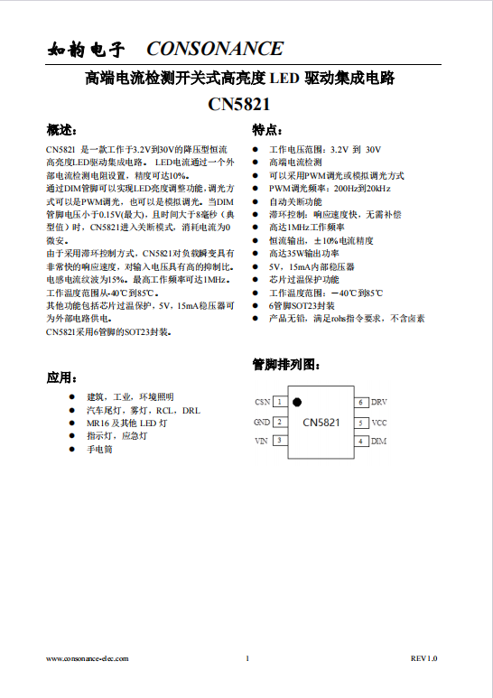 CN5821：3.2V至30V寬壓範(fàn)圍，高精度恆流LED驅(qū)動(dòng)IC