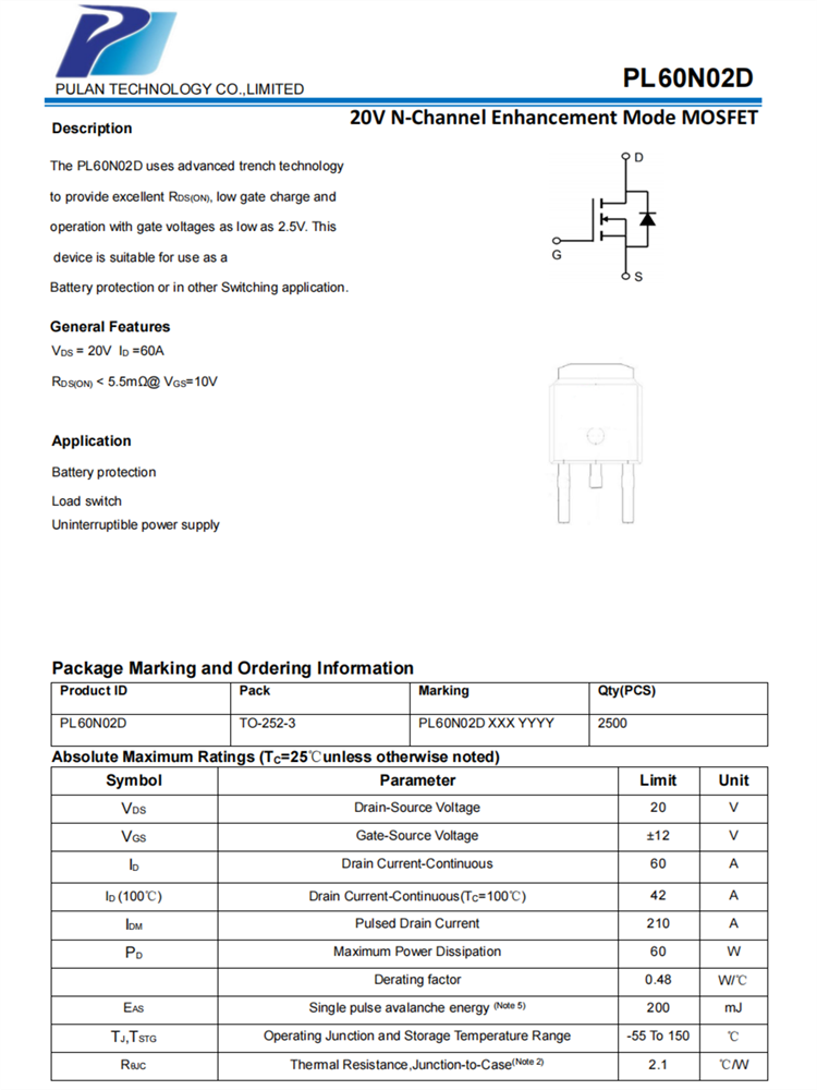 PL60N02D 20VN通道增強(qiáng)模式MOSFET場效應(yīng)管 PL60N02D 20VN通道增強(qiáng)模式MOSFET場效應(yīng)管