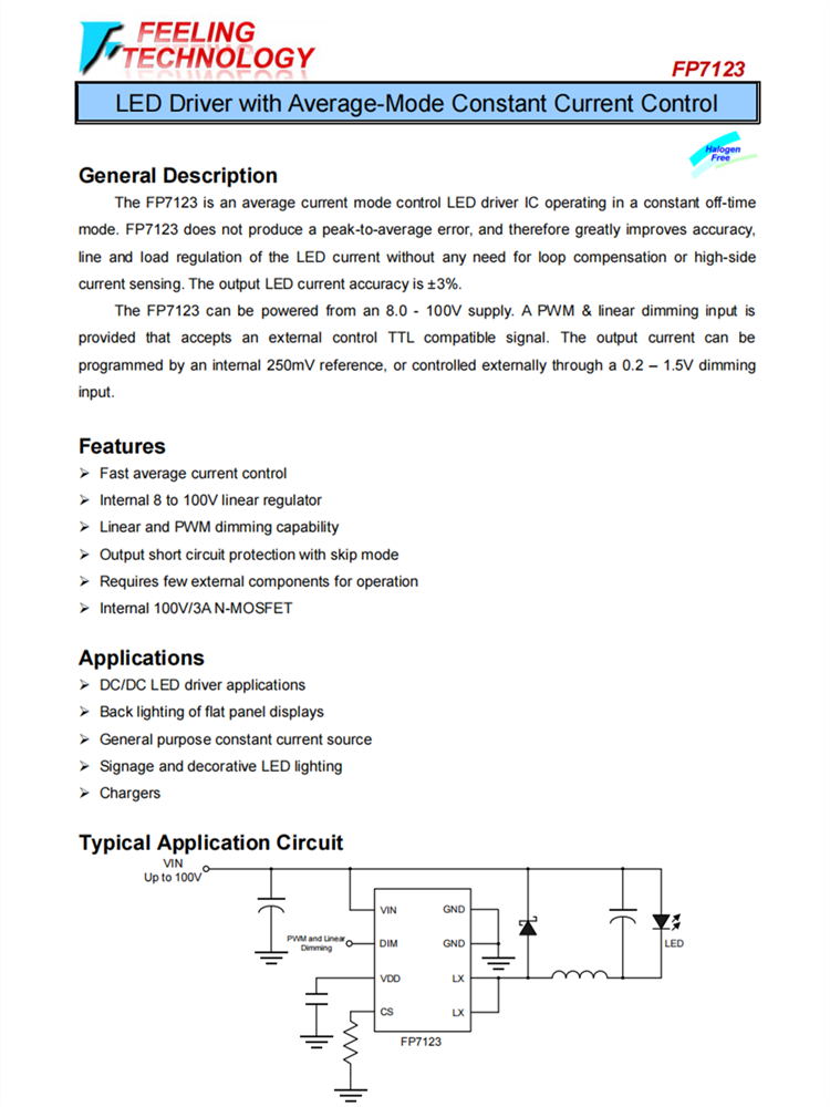FP7123 具有平均模式恒定電流控制的LED驅(qū)動(dòng)器芯片 FP7123 具有平均模式恒定電流控制的LED驅(qū)動(dòng)器芯片