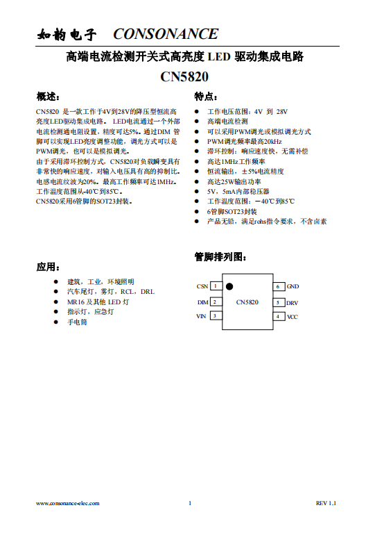 CN5820：4V至28V寬壓恒流LED驅(qū)動IC，5%高精度，支持PWM與模擬調(diào)光