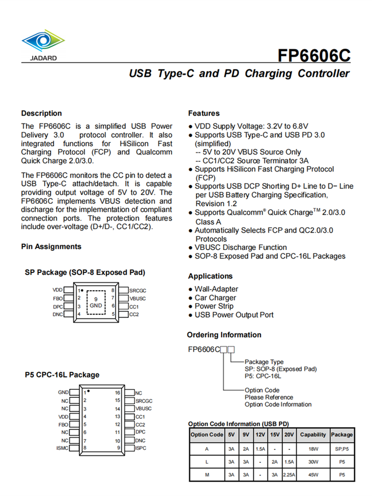 天德鈺FP6606C USB-PD3.0與Type-C協(xié)議控製器 天德鈺FP6606C USB-PD3.0與Type-C協(xié)議控製器