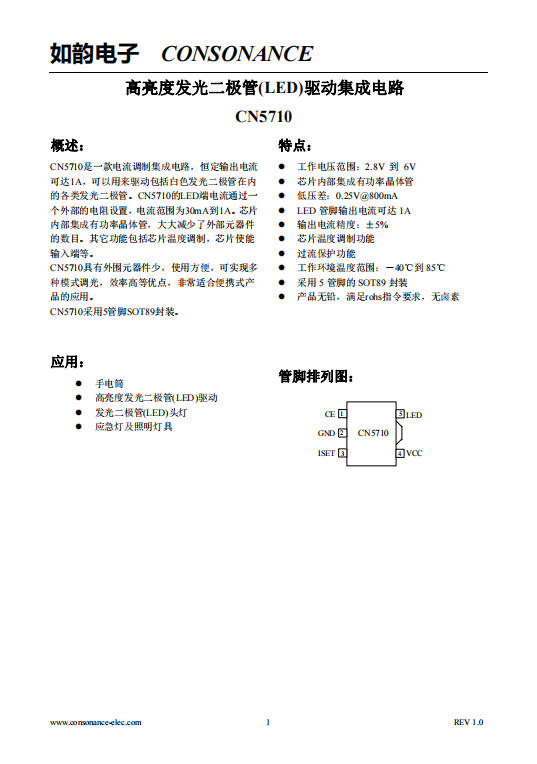 CN5710：集成化LED電流調(diào)製電路，支持高達(dá)1A恆定輸齣與靈活電流調(diào)節(jié)