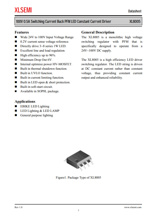 XL8005E1  100V 0.5A 開關電流降壓 PFM LED 恒流驅動器
