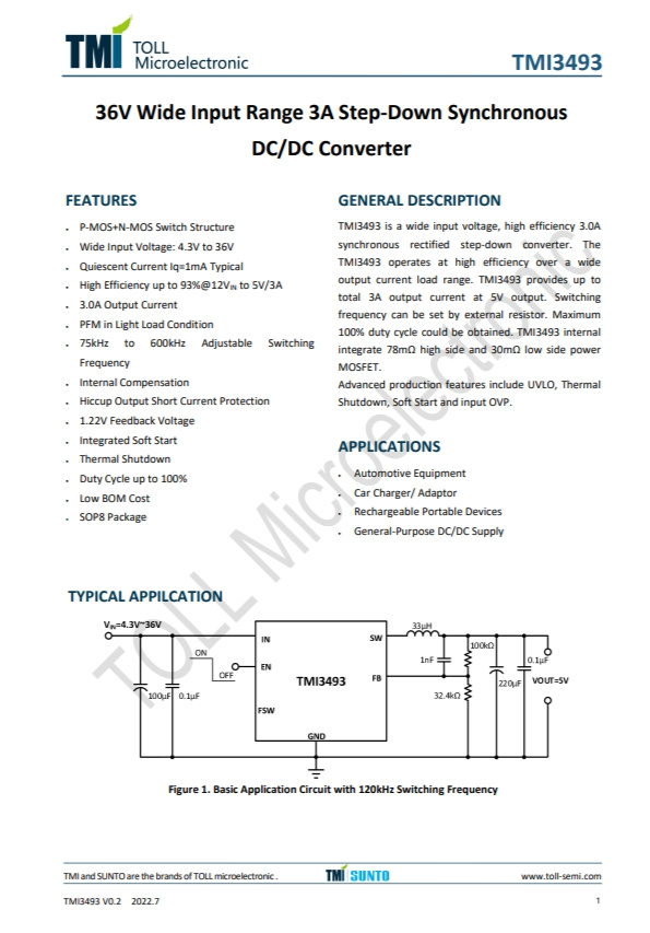 TMI3493  36V 寬輸入範圍 3A 降壓衕步 DC/DC轉換器