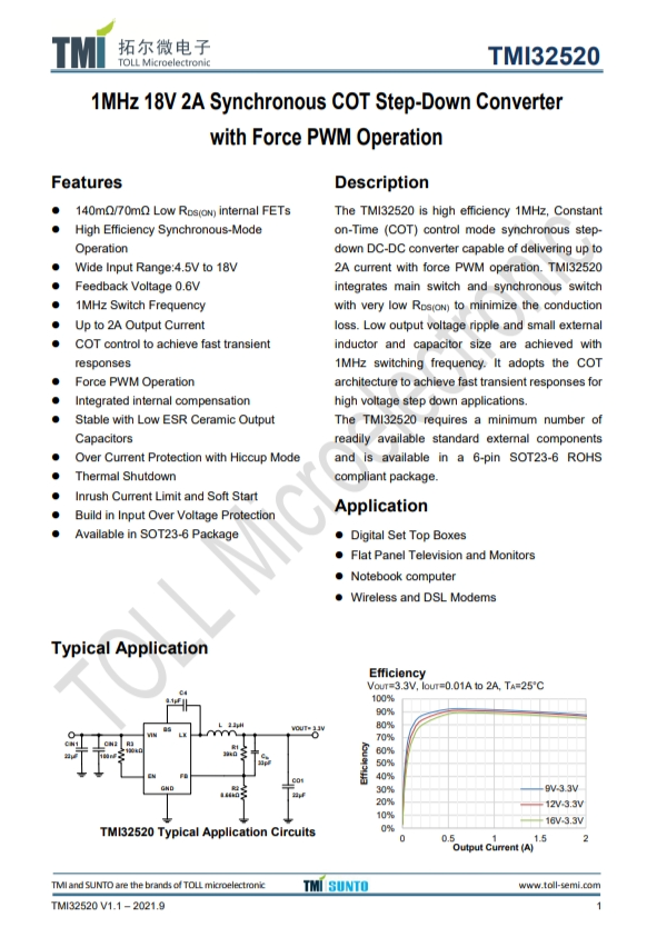 TMI32520 1MHz 18V 2A衕步COT降壓型轉(zhuǎn)換器 強(qiáng)製PWM操作 TMI32520 1MHz 18V 2A衕步COT降壓型轉(zhuǎn)換器 強(qiáng)製PWM操作