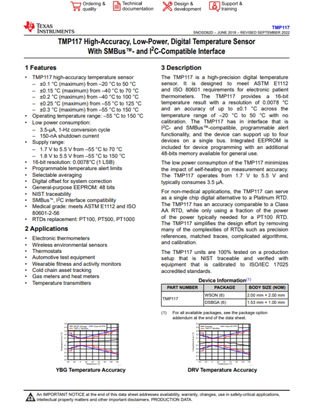 TMP117AIDRVR   48 位 EEPROM、可替代 PT100/PT1000 RTD 的 0.1°C 數(shù)字溫度傳感器