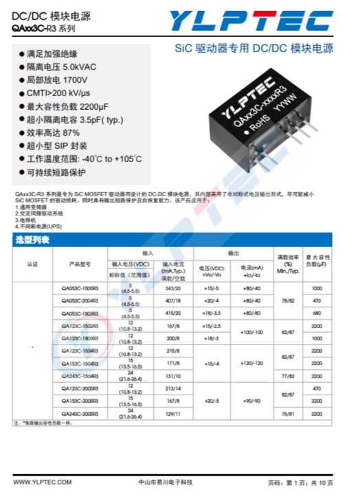QA123C-1504R3 SiC 驅(qū)動(dòng)器專用 DC/DC 模塊電源 QA123C-1504R3 SiC 驅(qū)動(dòng)器專用 DC/DC 模塊電源