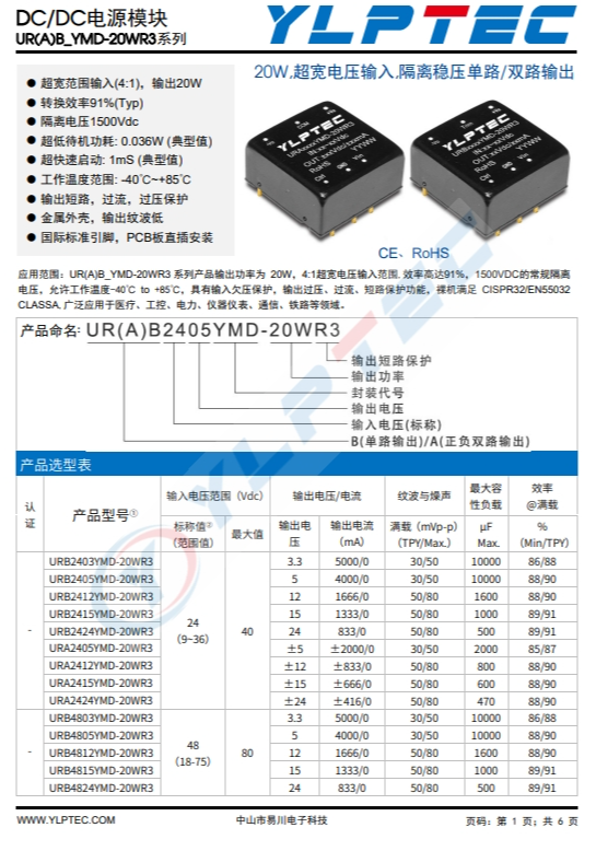 URB2412YMD-20WR3 20W,超寬電壓輸入,隔離穩(wěn)壓?jiǎn)温?雙路輸齣 URB2412YMD-20WR3 20W,超寬電壓輸入,隔離穩(wěn)壓?jiǎn)温?雙路輸齣