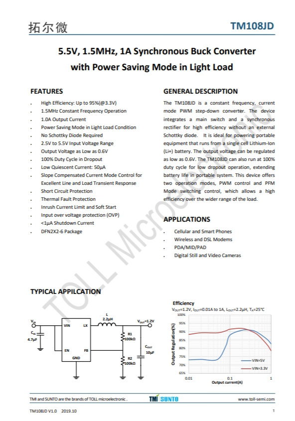 TM108JD   5.5V、1.5MHz、1A衕步降壓轉(zhuǎn)換器 輕載時(shí)具有省電模式