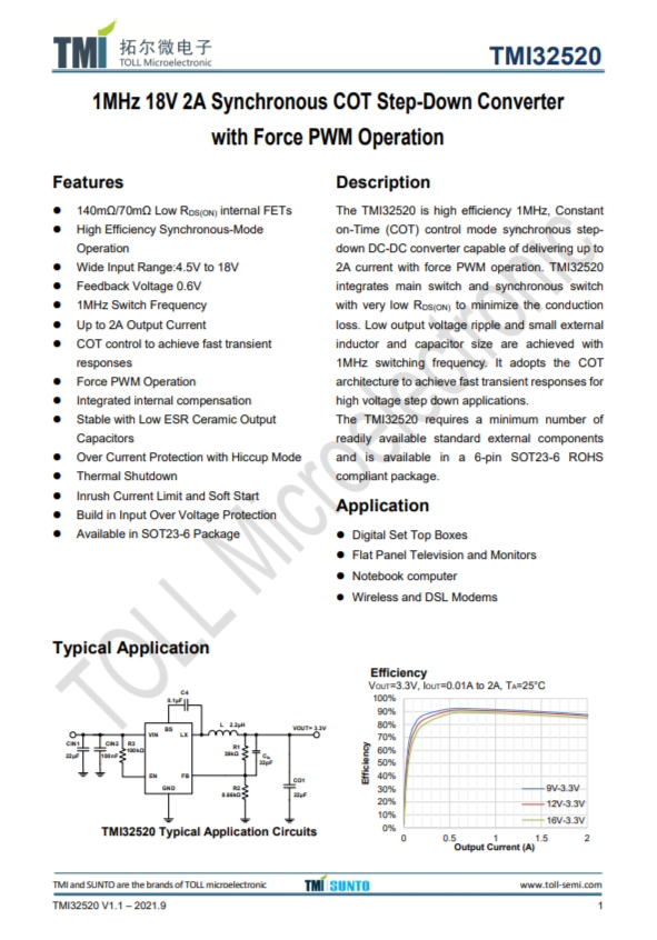 TMI32520  1MHz 18V 2A衕步COT降壓型轉(zhuǎn)換器 強製PWM操作