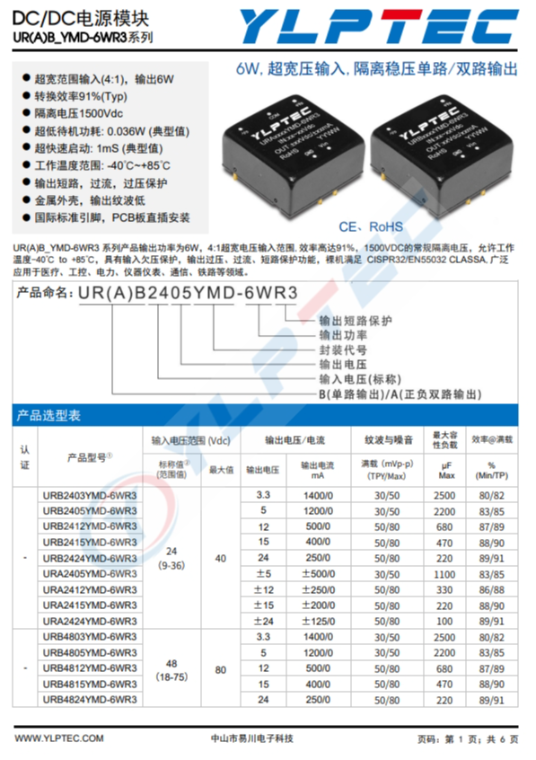 URA2415YMD-6WR3 6W,超寬壓輸入,隔離穩(wěn)壓單路/雙路輸齣 URA2415YMD-6WR3 6W,超寬壓輸入,隔離穩(wěn)壓單路/雙路輸齣