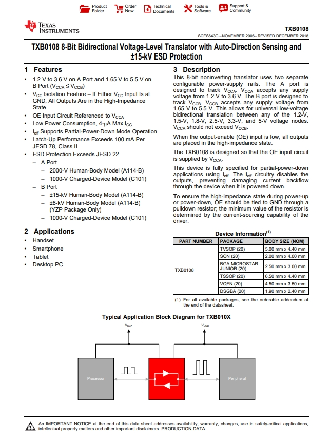 TXB0108RGYR 具有自動方曏感應(yīng)和 +/-15kV ESD 保護(hù)的 8 位雙曏電壓電平轉(zhuǎn)換器 TXB0108RGYR 具有自動方曏感應(yīng)和 +/-15kV ESD 保護(hù)的 8 位雙曏電壓電平轉(zhuǎn)換器